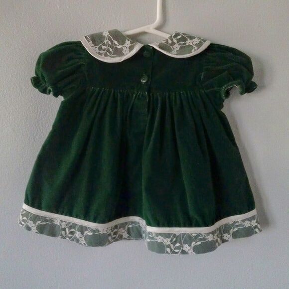 YoungLand 6-9 Months Velvet Dress-Hunter Green-Lace Trim-Bow Detail-Christmas - Picture 4 of 7
